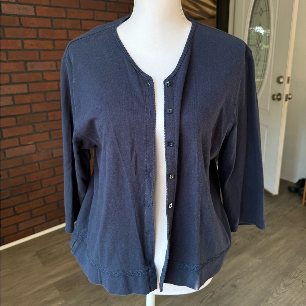 Liz‎ Claiborne Petite Large Navy Cardigan 100% Cotton 3/4 Sleeve Top